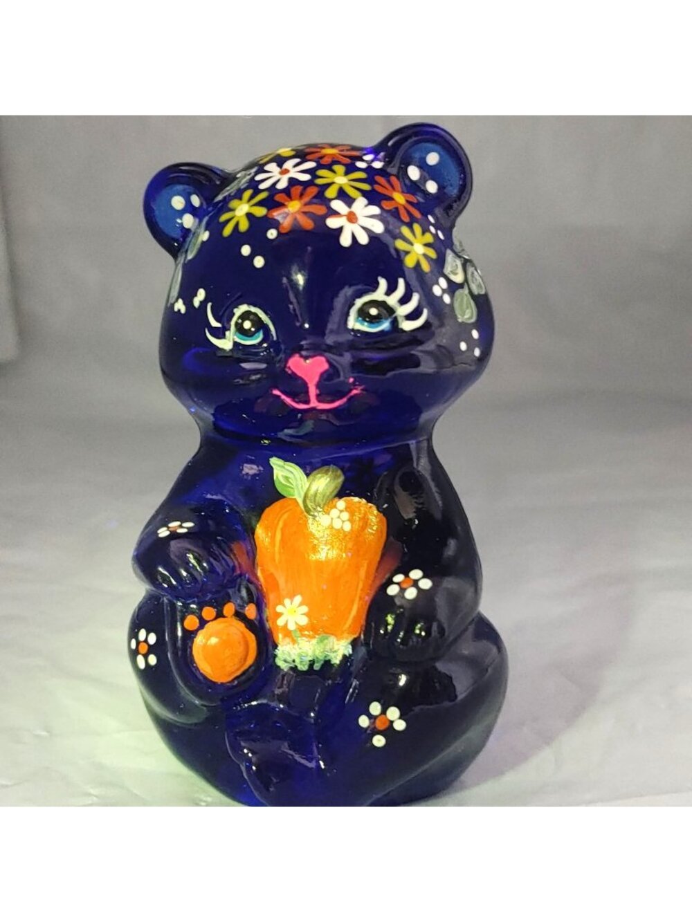 Fenton Sitting Bear 5151 Hand Painted Cobalt Blue Bear Figurine OOAK Mackey 2014